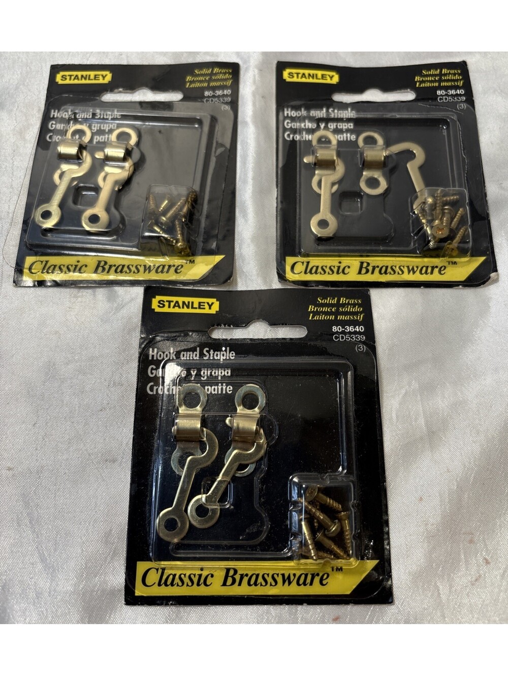 Lot of 3 NEW NOS VTG Stanley 80-3640 Hook & Staple Latch Solid Brass w/ Hardware